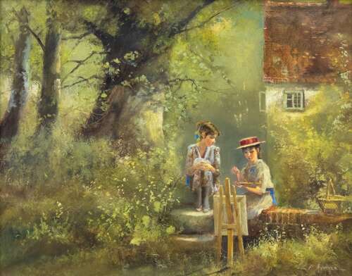 Two Girls, one painting by a Woodland Cottage'