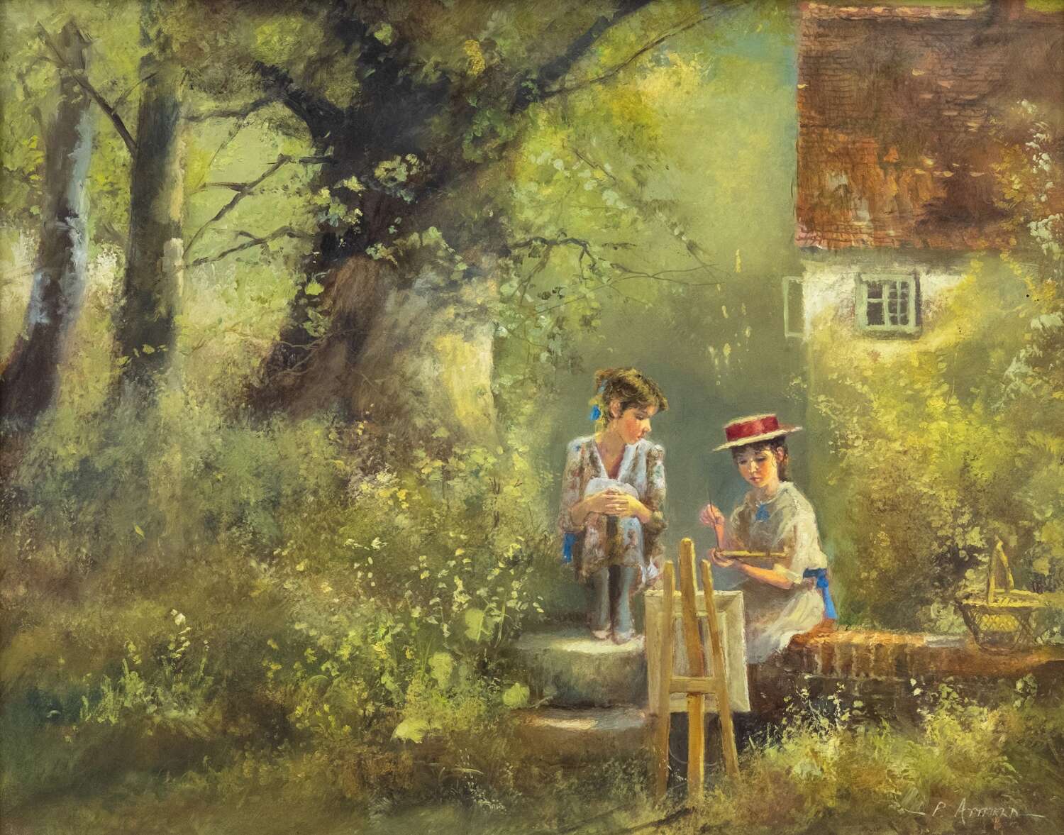 Two Girls, one painting by a Woodland Cottage'