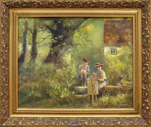 Two Girls, one painting by a Woodland Cottage'